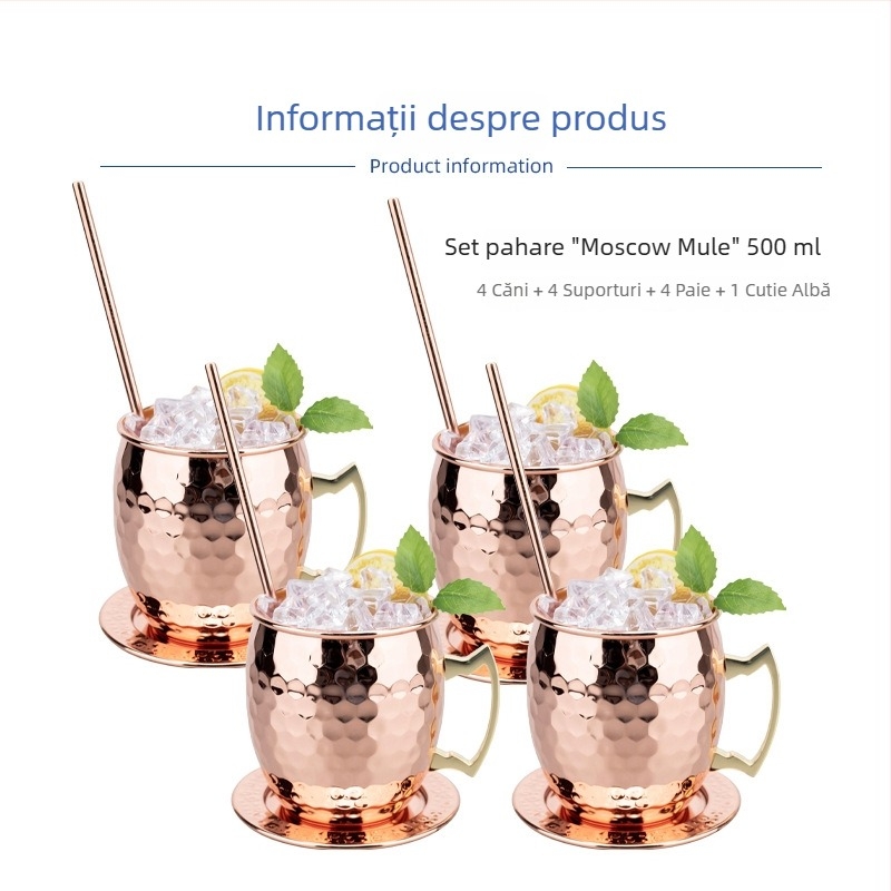 Pahar Moscow Mule placat cu cupru, din oțel inoxidabil, pahar cocktail 400–500 ml