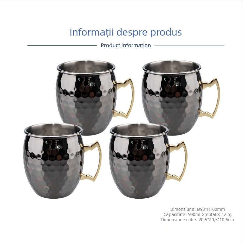 Pahar Moscow Mule placat cu cupru, din oțel inoxidabil, pahar cocktail 400–500 ml