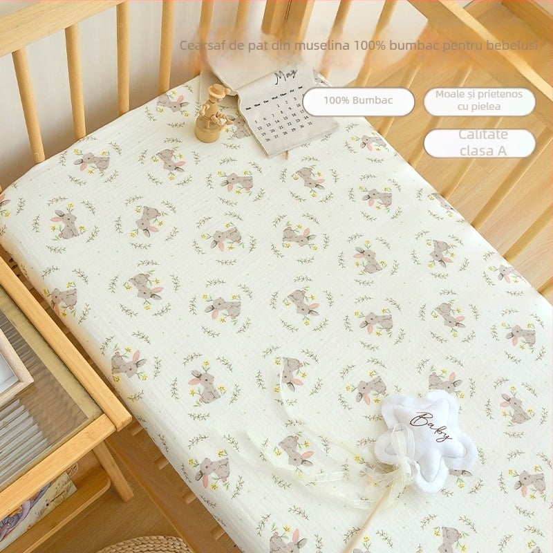 Set de pat pentru nou-născuți din bumbac 100% muselină – husă de saltea și cearșafuri pentru toate anotimpurile, design patchwork