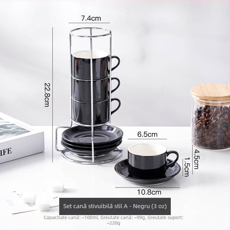 Set ceramic pentru cafea cu farfurioare, în stil european, 4 piese, cu suport pentru așezare, imprimat cu logo