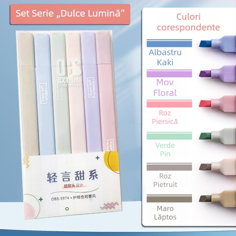 Marker fluorescent cu două capete pentru elevi – caiet Morandi, evidențierea punctelor cheie, vârf gros și subțire, culori pastel macarons