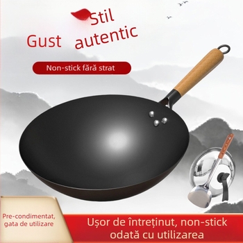 Wok tradițional din fier, fără acoperire, oțel inox, compatibil cu aragaz, diametru 30–36 cm