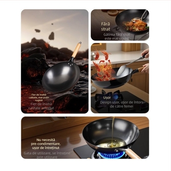 Wok tradițional din fier, fără acoperire, oțel inox, compatibil cu aragaz, diametru 30–36 cm
