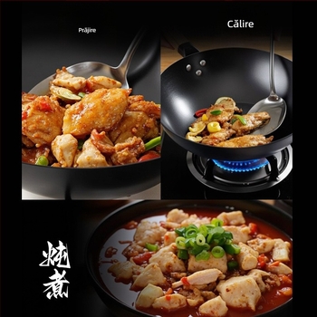 Wok tradițional din fier, fără acoperire, oțel inox, compatibil cu aragaz, diametru 30–36 cm
