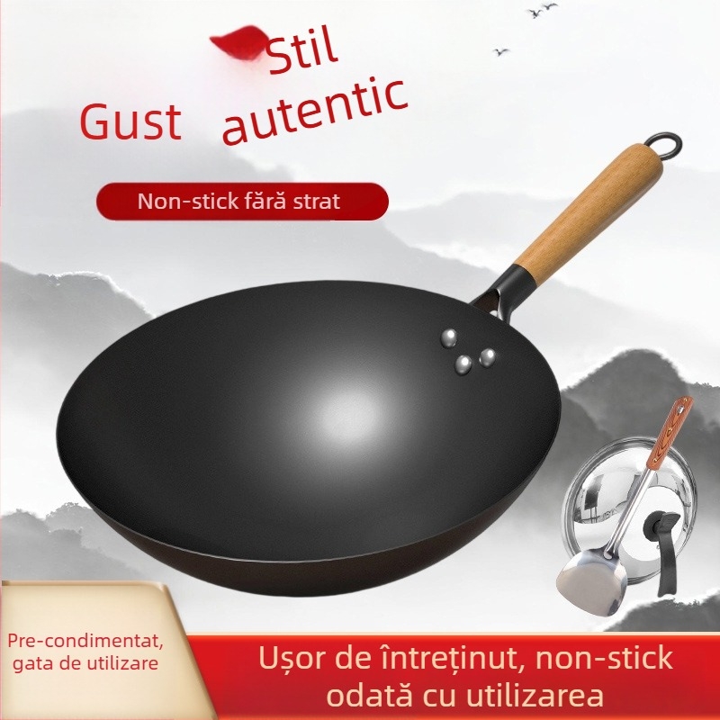 Wok tradițional din fier, fără acoperire, oțel inox, compatibil cu aragaz, diametru 30–36 cm