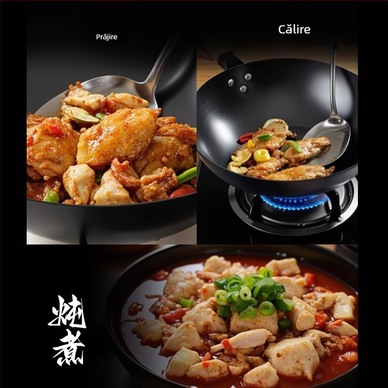 Wok tradițional din fier, fără acoperire, oțel inox, compatibil cu aragaz, diametru 30–36 cm