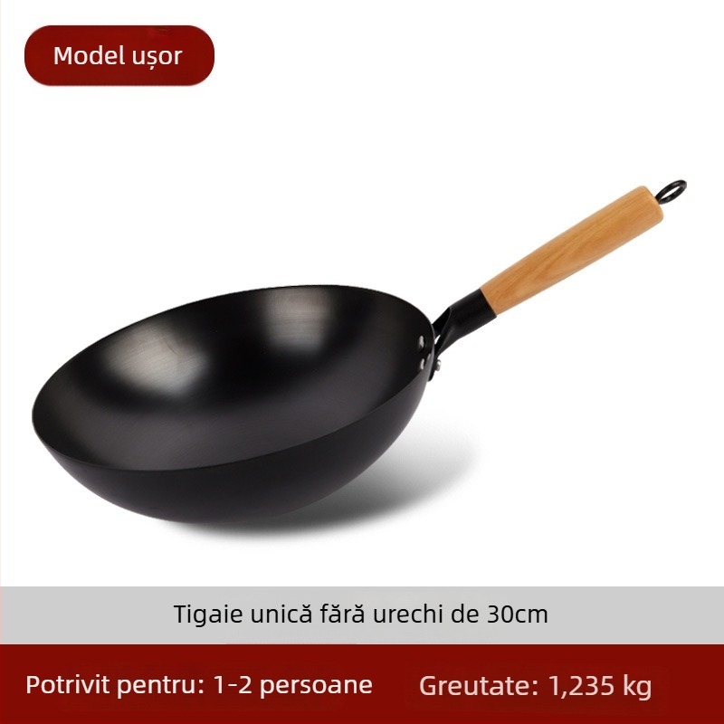 Wok tradițional din fier, fără acoperire, oțel inox, compatibil cu aragaz, diametru 30–36 cm