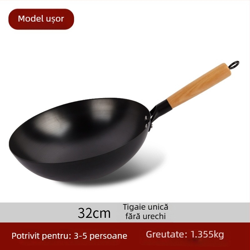Wok tradițional din fier, fără acoperire, oțel inox, compatibil cu aragaz, diametru 30–36 cm