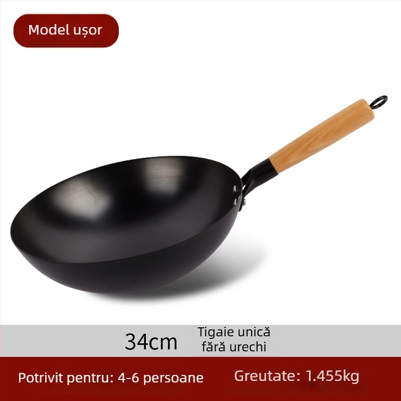 Wok tradițional din fier, fără acoperire, oțel inox, compatibil cu aragaz, diametru 30–36 cm