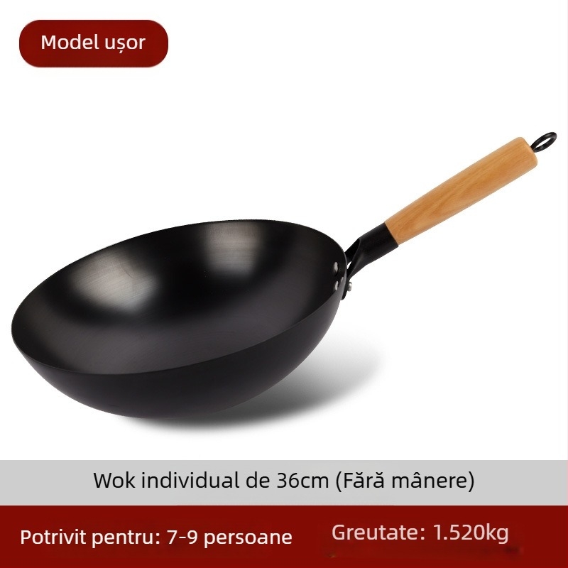 Wok tradițional din fier, fără acoperire, oțel inox, compatibil cu aragaz, diametru 30–36 cm