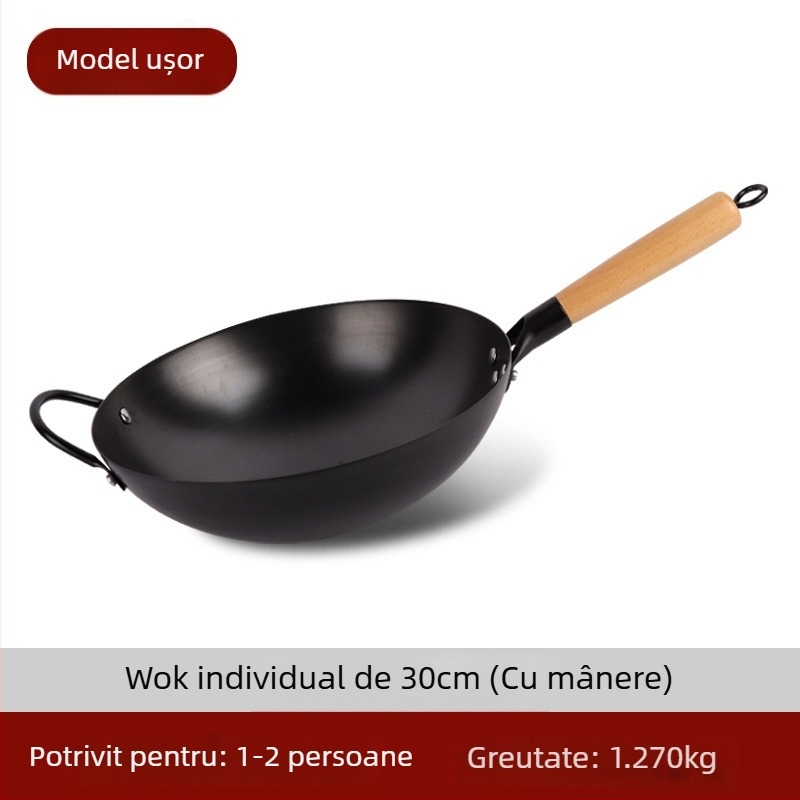 Wok tradițional din fier, fără acoperire, oțel inox, compatibil cu aragaz, diametru 30–36 cm