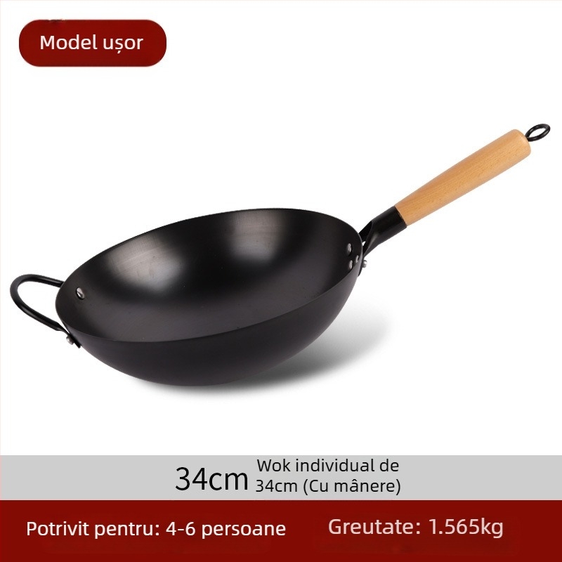 Wok tradițional din fier, fără acoperire, oțel inox, compatibil cu aragaz, diametru 30–36 cm