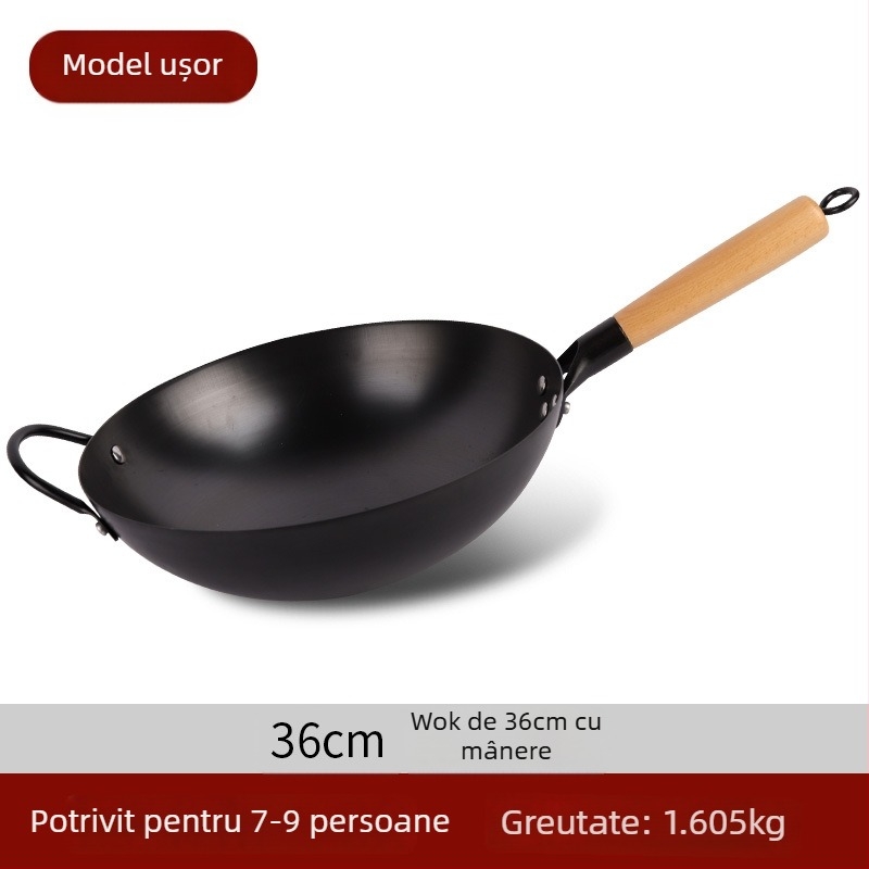 Wok tradițional din fier, fără acoperire, oțel inox, compatibil cu aragaz, diametru 30–36 cm