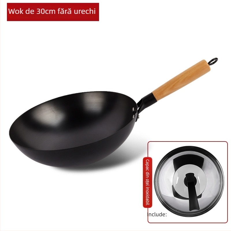 Wok tradițional din fier, fără acoperire, oțel inox, compatibil cu aragaz, diametru 30–36 cm