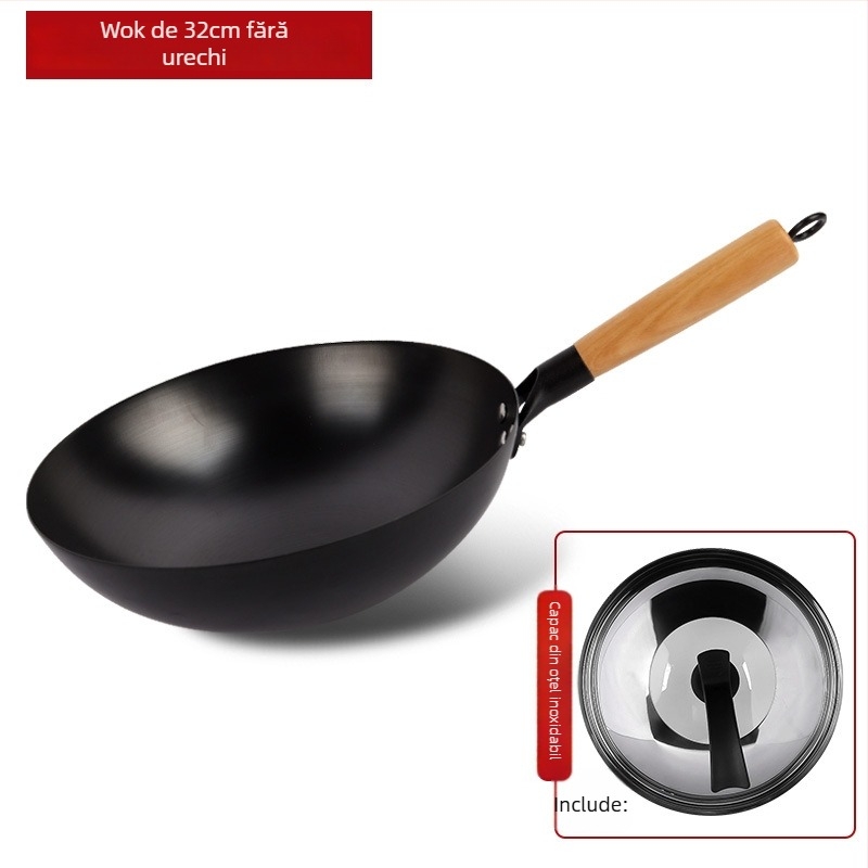 Wok tradițional din fier, fără acoperire, oțel inox, compatibil cu aragaz, diametru 30–36 cm