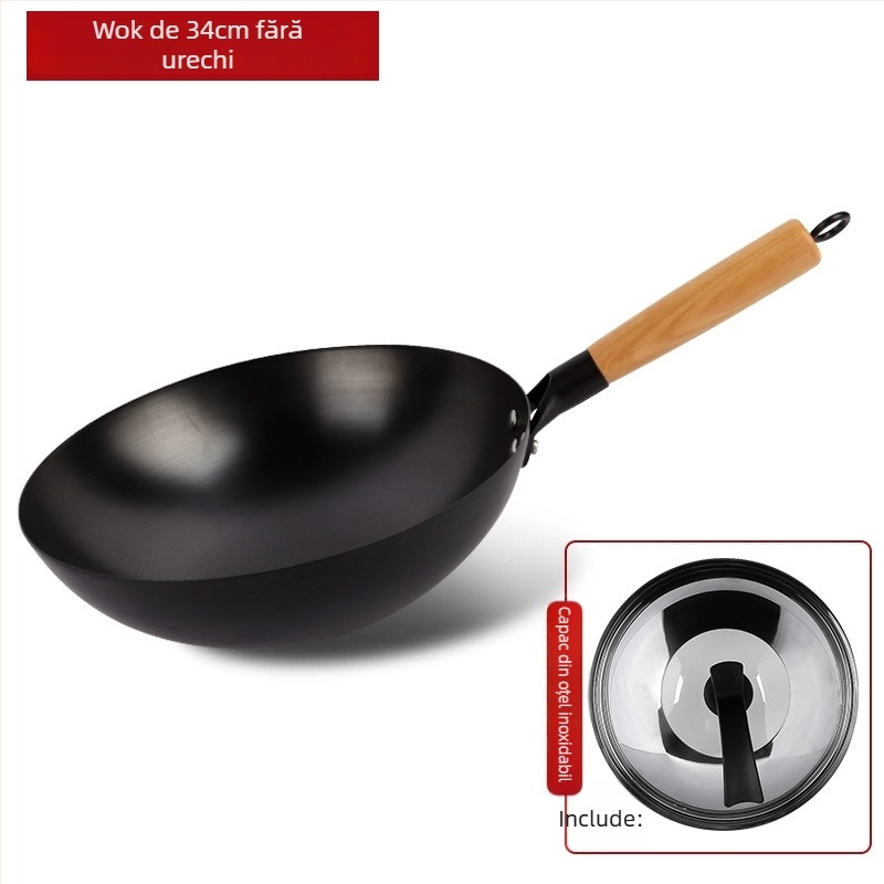 Wok tradițional din fier, fără acoperire, oțel inox, compatibil cu aragaz, diametru 30–36 cm