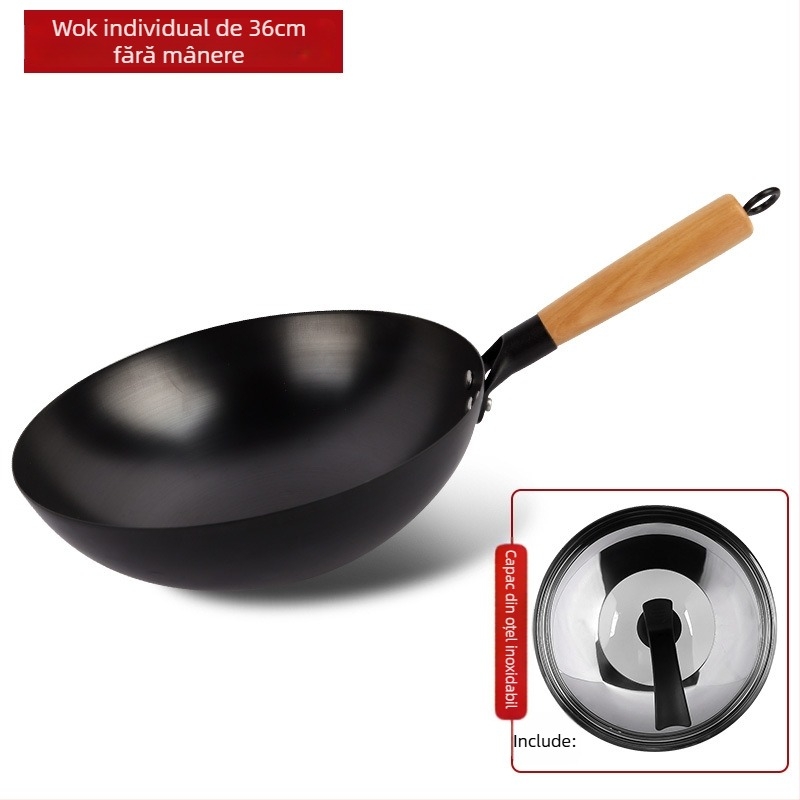 Wok tradițional din fier, fără acoperire, oțel inox, compatibil cu aragaz, diametru 30–36 cm