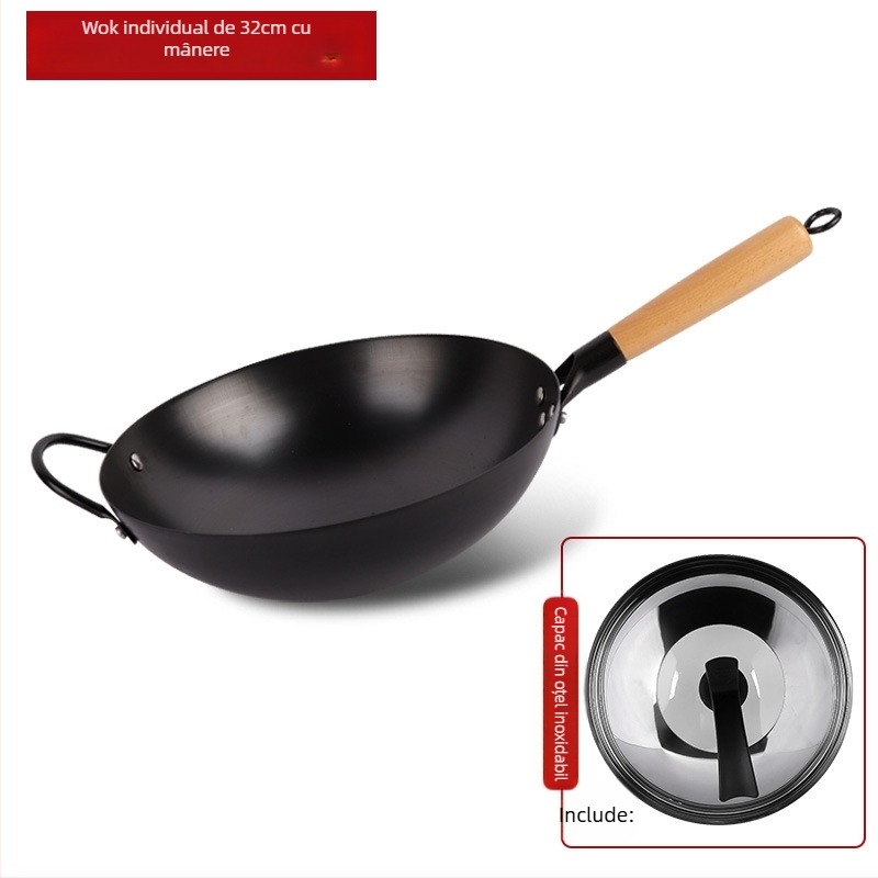 Wok tradițional din fier, fără acoperire, oțel inox, compatibil cu aragaz, diametru 30–36 cm