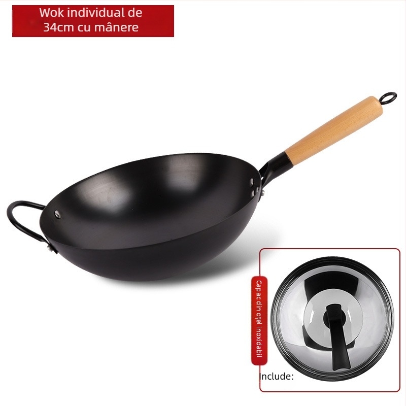 Wok tradițional din fier, fără acoperire, oțel inox, compatibil cu aragaz, diametru 30–36 cm