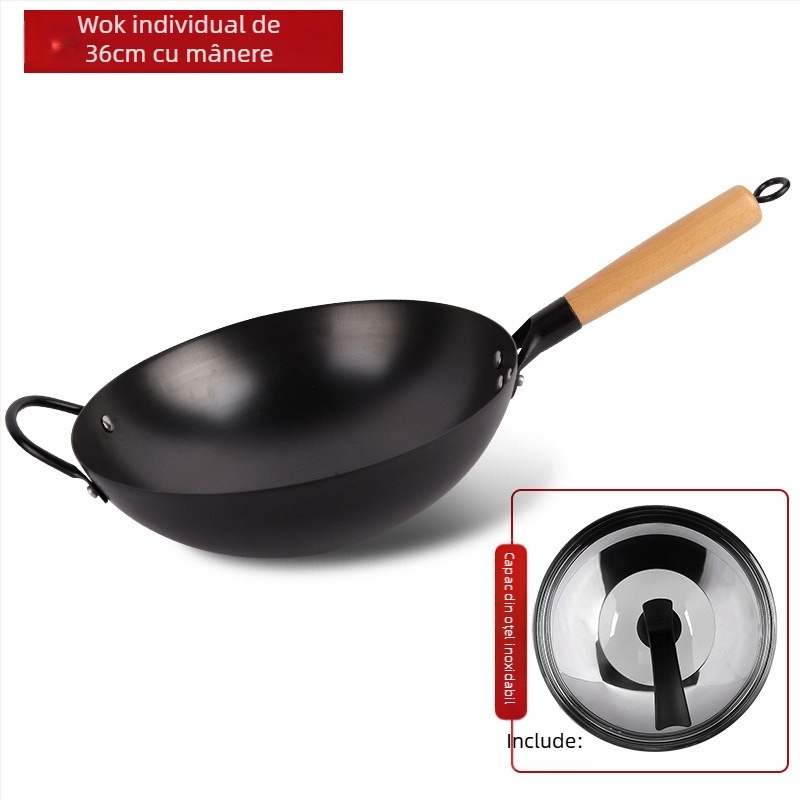 Wok tradițional din fier, fără acoperire, oțel inox, compatibil cu aragaz, diametru 30–36 cm