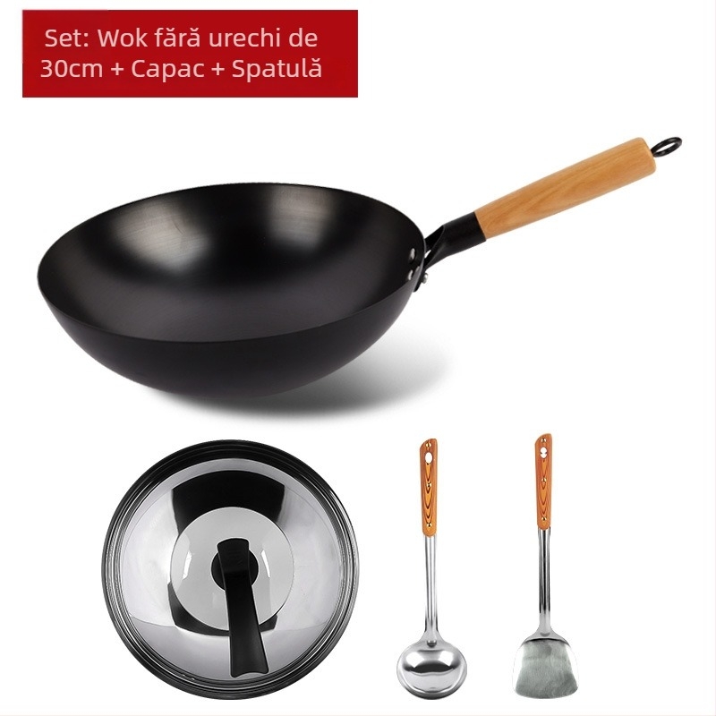 Wok tradițional din fier, fără acoperire, oțel inox, compatibil cu aragaz, diametru 30–36 cm