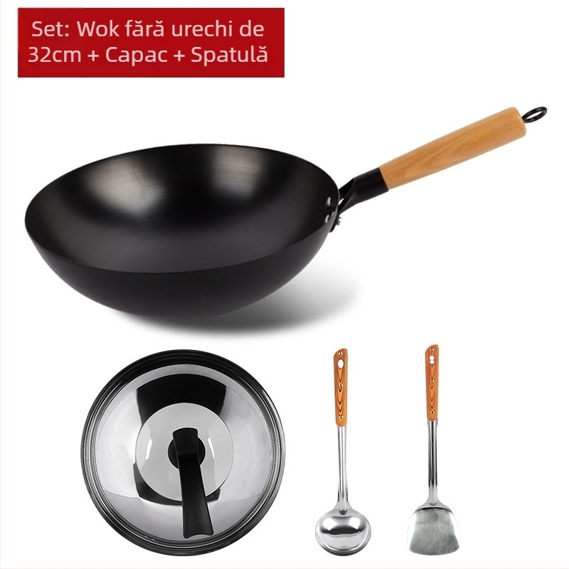 Wok tradițional din fier, fără acoperire, oțel inox, compatibil cu aragaz, diametru 30–36 cm