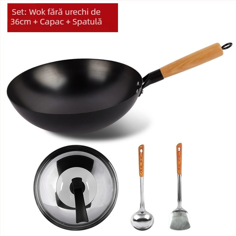 Wok tradițional din fier, fără acoperire, oțel inox, compatibil cu aragaz, diametru 30–36 cm