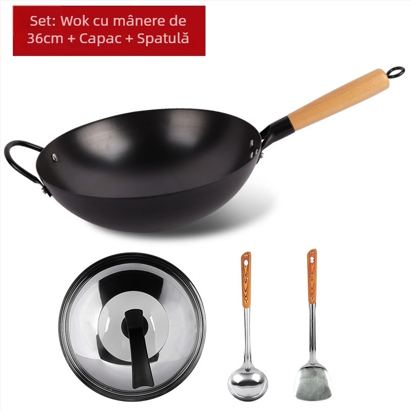 Wok tradițional din fier, fără acoperire, oțel inox, compatibil cu aragaz, diametru 30–36 cm