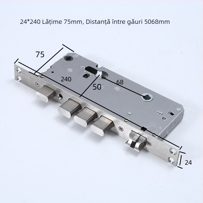 Corp de încuietoare din oțel inoxidabil, cu coloană pătrată, lățime 75 mm, dimensiuni 24×240 mm, două bolți active și două bolți rapide, corp din oțel integral, pentru încuietoare inteligentă, modele 5068/4568