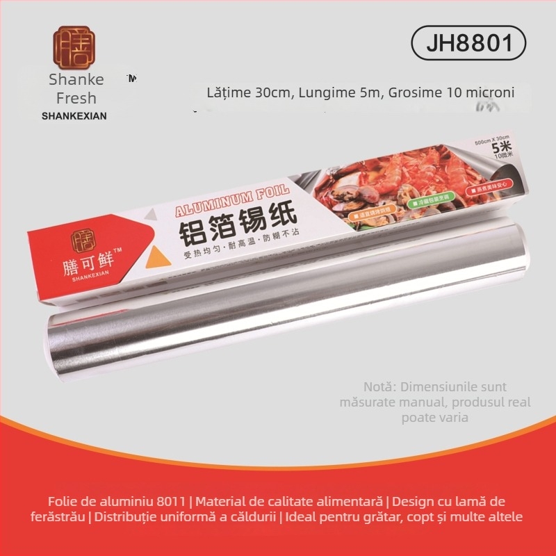 Folie de aluminiu alimentară - rolă 30 cm x 5 m, 10 µm, rezistentă la temperaturi înalte, pentru grătar și friteuză cu aer, utilizare comercială, biodegradabilă