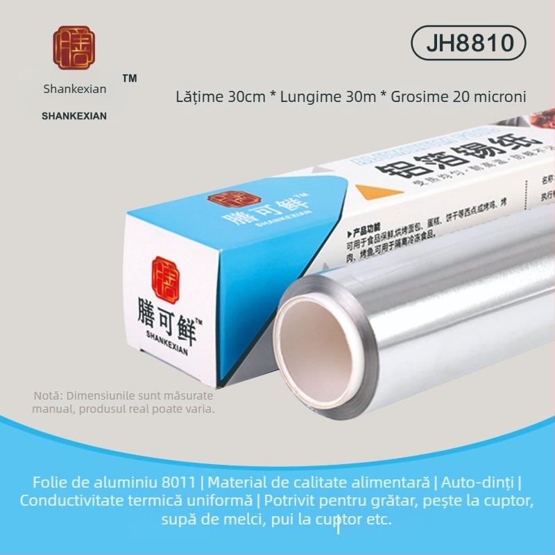 Folie de aluminiu alimentară - rolă 30 cm x 5 m, 10 µm, rezistentă la temperaturi înalte, pentru grătar și friteuză cu aer, utilizare comercială, biodegradabilă