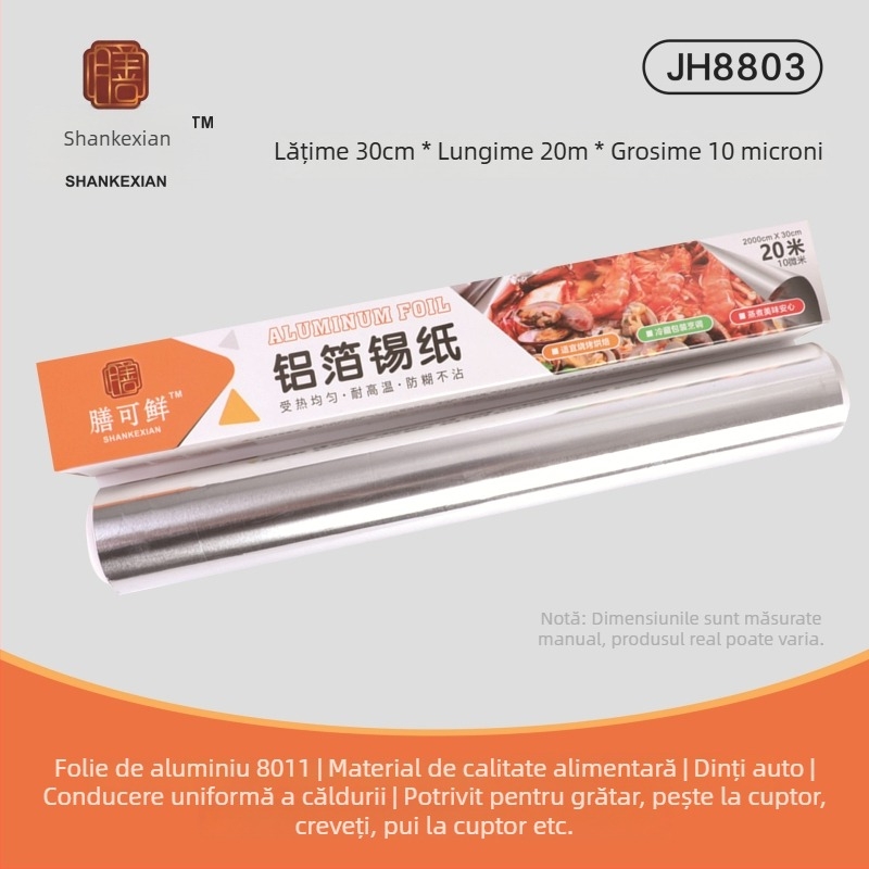 Folie de aluminiu alimentară - rolă 30 cm x 5 m, 10 µm, rezistentă la temperaturi înalte, pentru grătar și friteuză cu aer, utilizare comercială, biodegradabilă