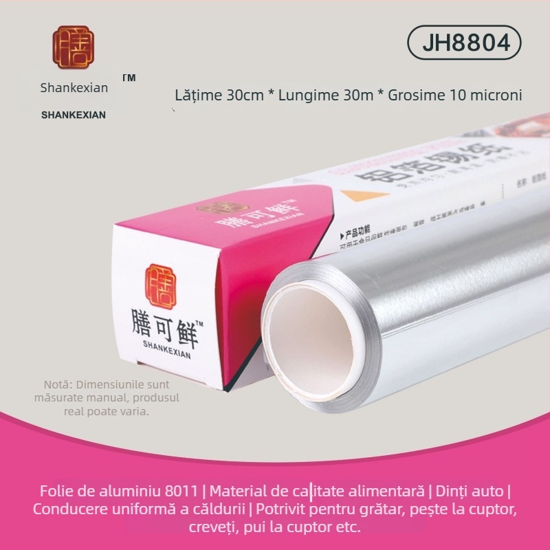 Folie de aluminiu alimentară - rolă 30 cm x 5 m, 10 µm, rezistentă la temperaturi înalte, pentru grătar și friteuză cu aer, utilizare comercială, biodegradabilă