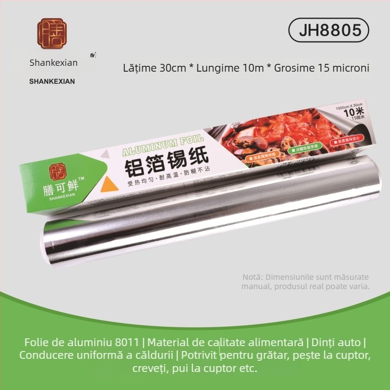 Folie de aluminiu alimentară - rolă 30 cm x 5 m, 10 µm, rezistentă la temperaturi înalte, pentru grătar și friteuză cu aer, utilizare comercială, biodegradabilă