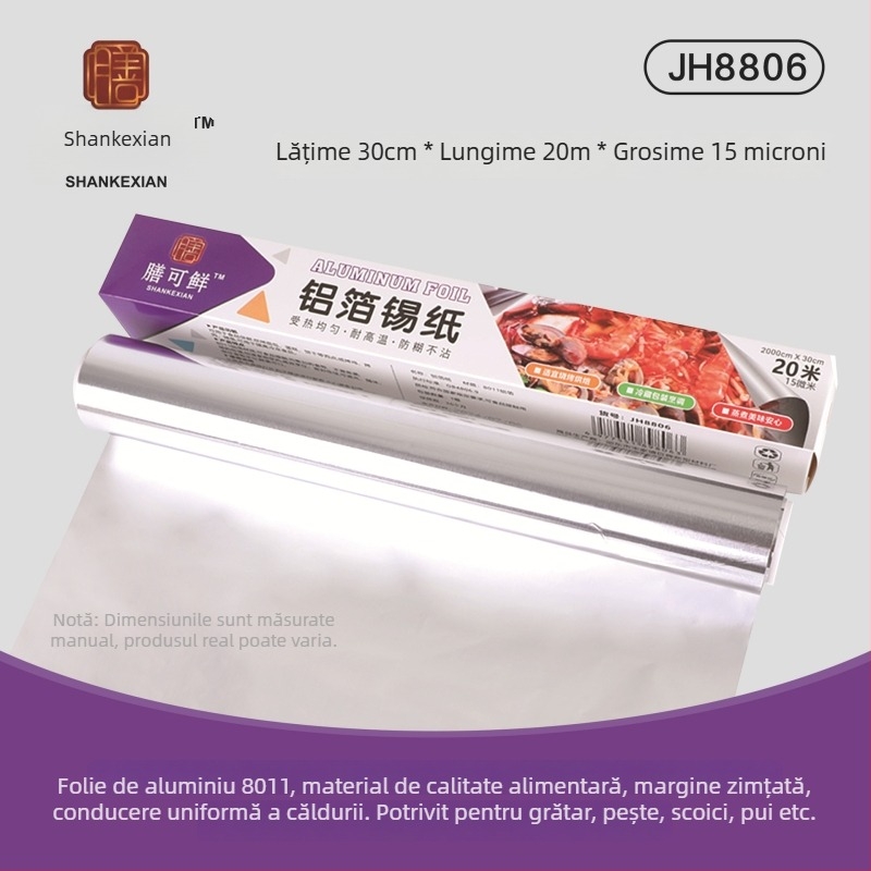 Folie de aluminiu alimentară - rolă 30 cm x 5 m, 10 µm, rezistentă la temperaturi înalte, pentru grătar și friteuză cu aer, utilizare comercială, biodegradabilă