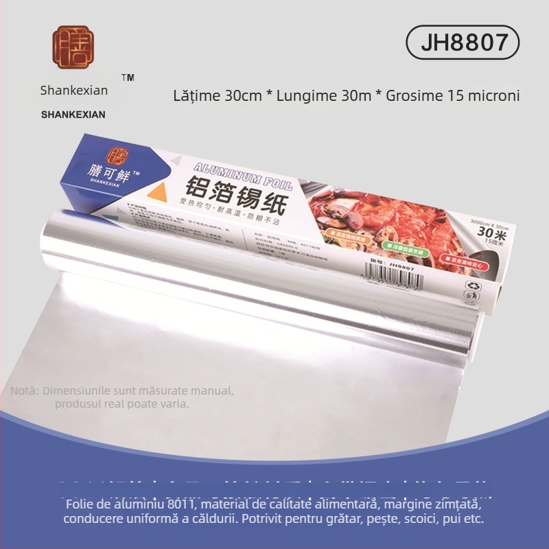 Folie de aluminiu alimentară - rolă 30 cm x 5 m, 10 µm, rezistentă la temperaturi înalte, pentru grătar și friteuză cu aer, utilizare comercială, biodegradabilă