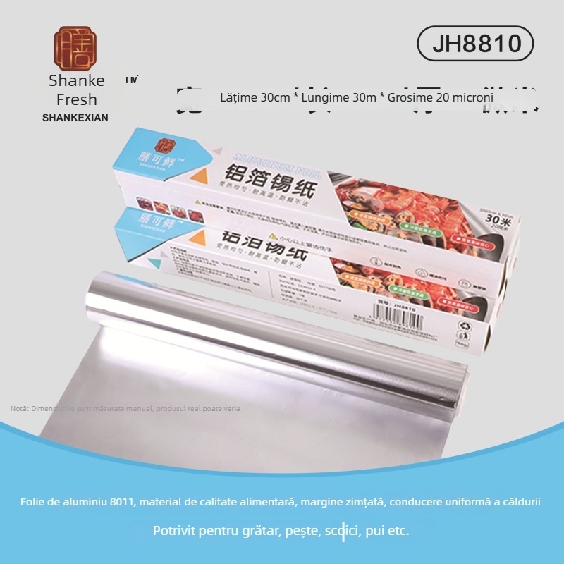 Folie de aluminiu alimentară - rolă 30 cm x 5 m, 10 µm, rezistentă la temperaturi înalte, pentru grătar și friteuză cu aer, utilizare comercială, biodegradabilă