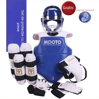 Echipament de protecție Taekwondo pentru copii – set de 5 sau 8 piese cu protecții pentru cap, talie, cot, gambă, umăr, genunchi și gleznă