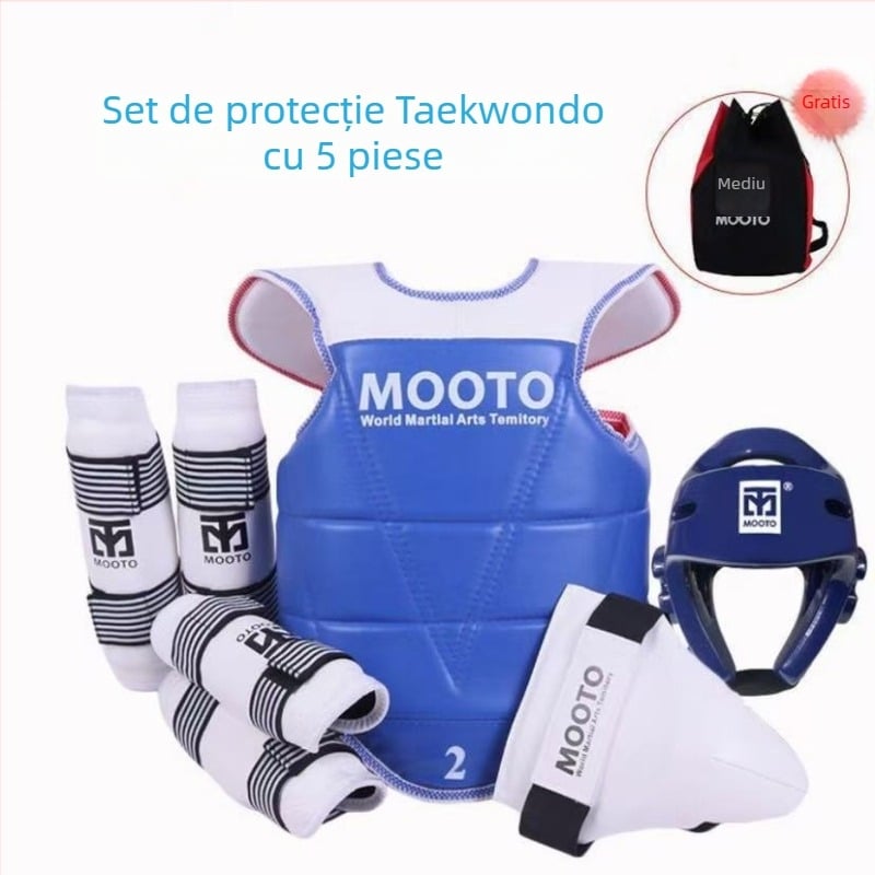 Echipament de protecție Taekwondo pentru copii – set de 5 sau 8 piese cu protecții pentru cap, talie, cot, gambă, umăr, genunchi și gleznă