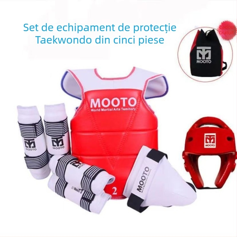 Echipament de protecție Taekwondo pentru copii – set de 5 sau 8 piese cu protecții pentru cap, talie, cot, gambă, umăr, genunchi și gleznă