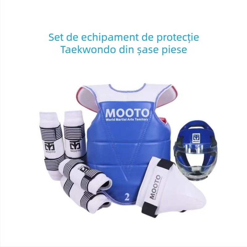 Echipament de protecție Taekwondo pentru copii – set de 5 sau 8 piese cu protecții pentru cap, talie, cot, gambă, umăr, genunchi și gleznă