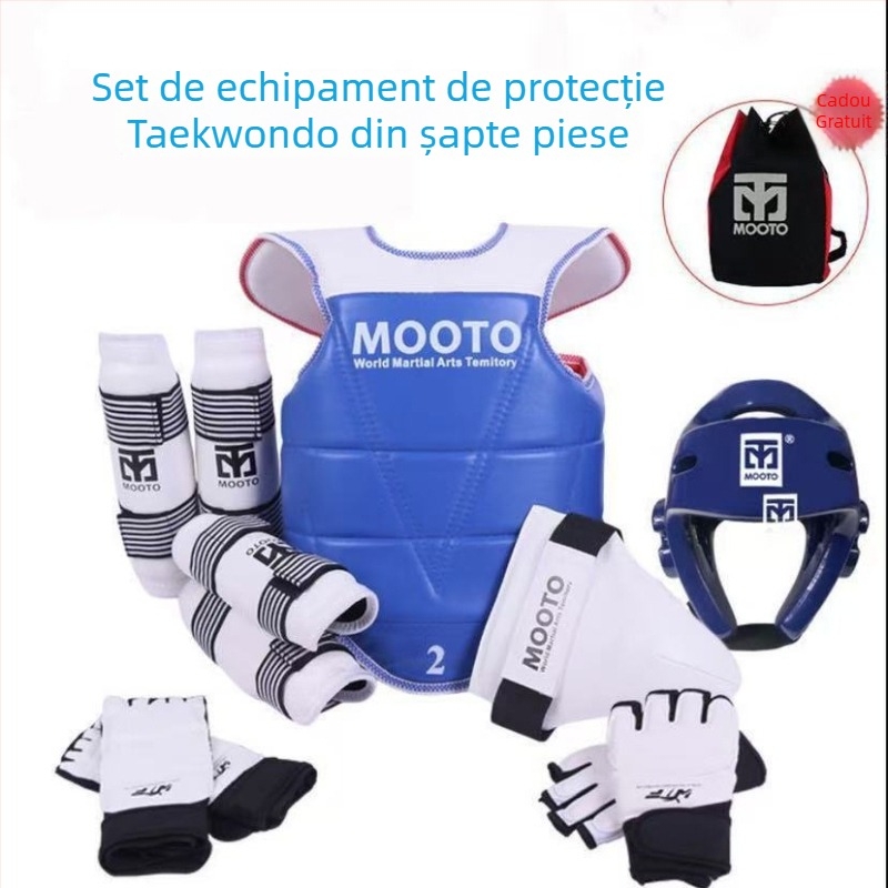 Echipament de protecție Taekwondo pentru copii – set de 5 sau 8 piese cu protecții pentru cap, talie, cot, gambă, umăr, genunchi și gleznă