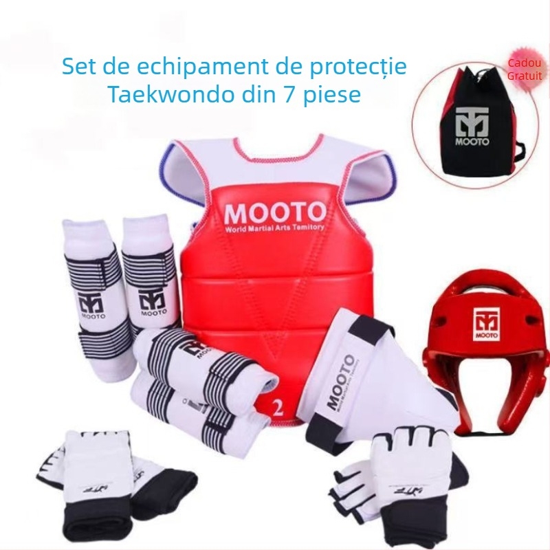 Echipament de protecție Taekwondo pentru copii – set de 5 sau 8 piese cu protecții pentru cap, talie, cot, gambă, umăr, genunchi și gleznă