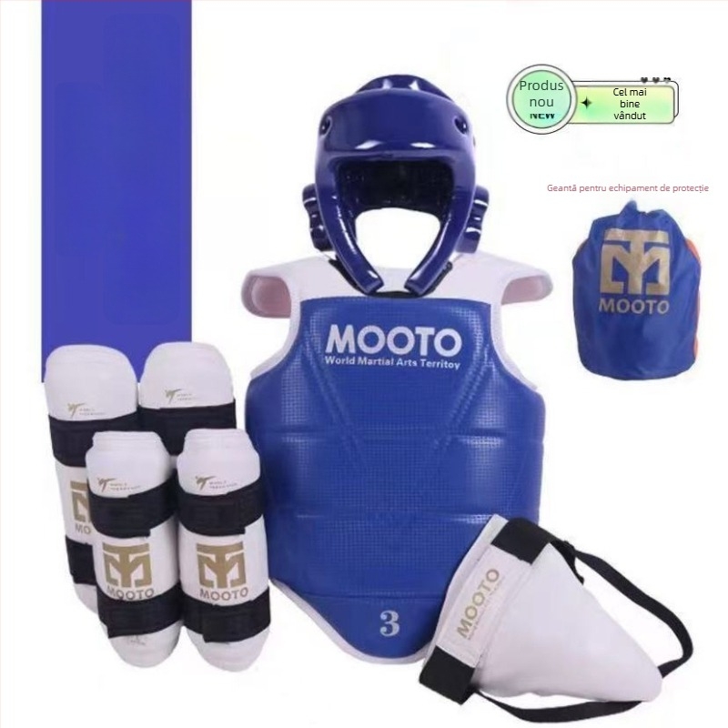 Echipament de protecție Taekwondo pentru copii – set de 5 sau 8 piese cu protecții pentru cap, talie, cot, gambă, umăr, genunchi și gleznă