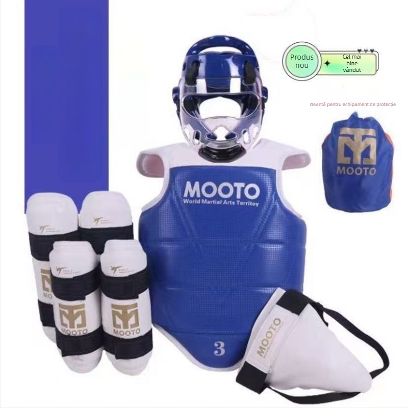 Echipament de protecție Taekwondo pentru copii – set de 5 sau 8 piese cu protecții pentru cap, talie, cot, gambă, umăr, genunchi și gleznă