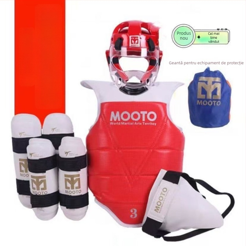 Echipament de protecție Taekwondo pentru copii – set de 5 sau 8 piese cu protecții pentru cap, talie, cot, gambă, umăr, genunchi și gleznă