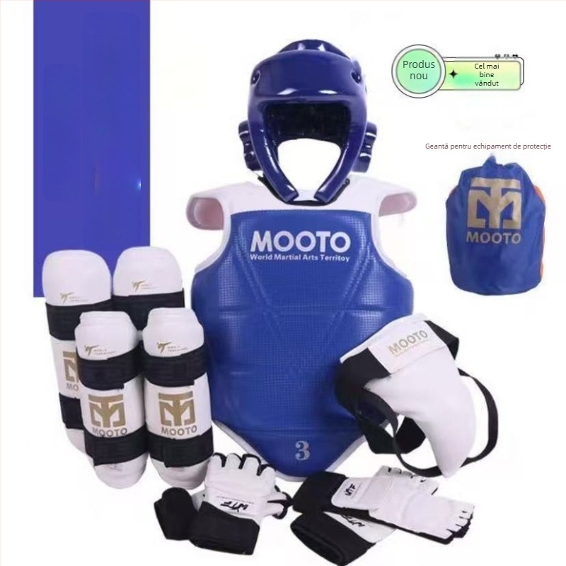 Echipament de protecție Taekwondo pentru copii – set de 5 sau 8 piese cu protecții pentru cap, talie, cot, gambă, umăr, genunchi și gleznă