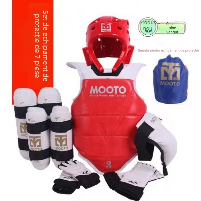 Echipament de protecție Taekwondo pentru copii – set de 5 sau 8 piese cu protecții pentru cap, talie, cot, gambă, umăr, genunchi și gleznă