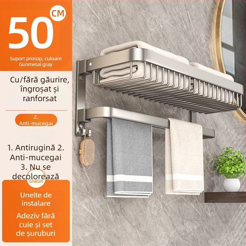 Raft de baie din aluminiu, montat pe perete, pentru prosoape, pliabil, fără găuri, cu două niveluri