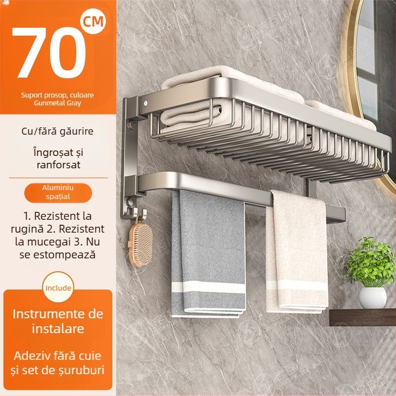 Raft de baie din aluminiu, montat pe perete, pentru prosoape, pliabil, fără găuri, cu două niveluri